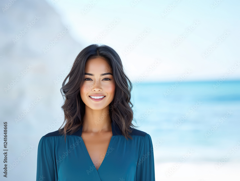 candid photo of smiling tan skin tone japanese woman in blue dress at beach, showcasing her natural beauty and confidence against serene ocean backdrop candid photo of smiling tan skin tone japanese woman in blue dress at beach, showcasing her natural beauty and confidence against serene ocean backdrop