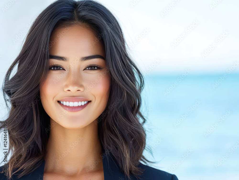 smiling tan woman with long, wavy hair stands against serene beach backdrop, exuding confidence and warmth. Her bright smile complements tranquil ocean view smiling tan woman with long, wavy hair stands against serene beach backdrop, exuding confidence and warmth. Her bright smile complements tranquil ocean view