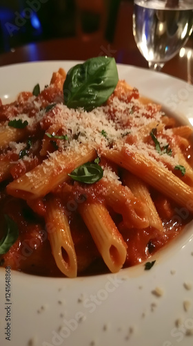 Penne arrabbiata with spicy tomato sauce, garlic, chili flakes, and fresh parsley. photo