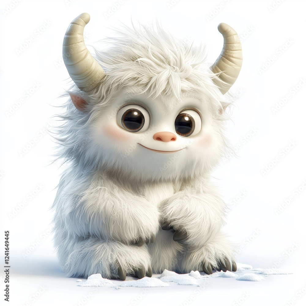 baby yeti with tiny horns and a playful expression, sitting on a snowy ground, isolated on white baby yeti with tiny horns and a playful expression, sitting on a snowy ground, isolated on white