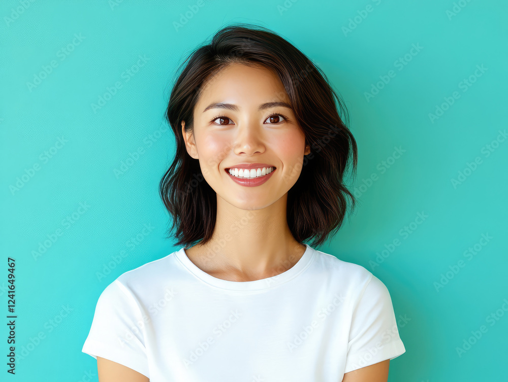 Happy Asian woman wearing white t shirt, smiling against turquoise background. Her joyful expression radiates positivity and warmth, creating inviting atmosphere Happy Asian woman wearing white t shirt, smiling against turquoise background. Her joyful expression radiates positivity and warmth, creating inviting atmosphere