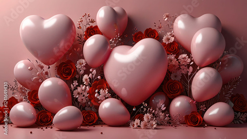 Valentine S Day Background Heart Shaped Balloons Red Hearts Love Concept Romantic Composition Floral Branches Pink Backdrop 3d Rendering Soft Lighting Glossy Delicate Details