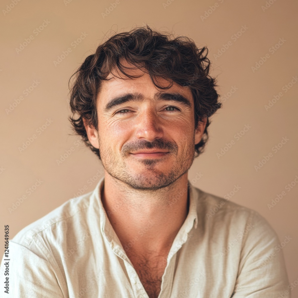 Man with curly hair smiles warmly in a soft-toned setting during daytime indoors. Generative AI Man with curly hair smiles warmly in a soft-toned setting during daytime indoors. Generative AI