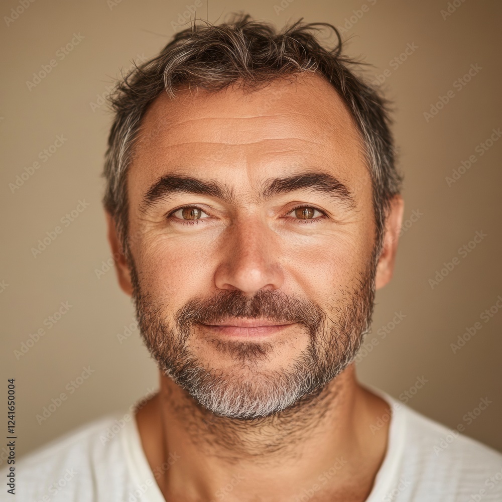 Obraz premium Smiling man poses confidently in casual attire with a neutral background during soft natural light. Generative AI