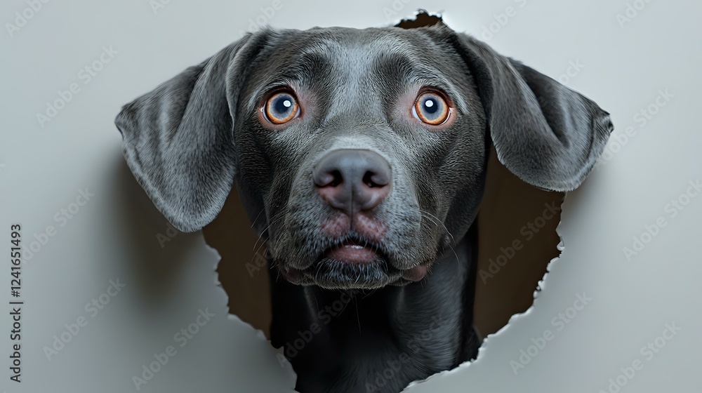 Black Labrador dog peering through torn paper hole with curious expression and alert brown eyes against gray background, close-up portrait view. Black Labrador dog peering through torn paper hole with curious expression and alert brown eyes against gray background, close-up portrait view.