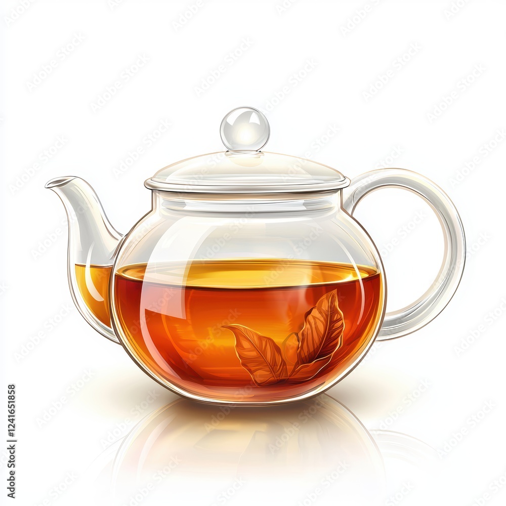 Classic glass teapot with hot herbal tea inside, isolated on a bright white background Classic glass teapot with hot herbal tea inside, isolated on a bright white background