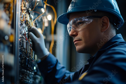 A man in a hard hat works on an electrical panel genertative ai photo