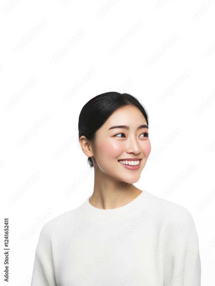 smiling woman with long black hair, wearing white sweater, exudes confidence and warmth against plain white background smiling woman with long black hair, wearing white sweater, exudes confidence and warmth against plain white background