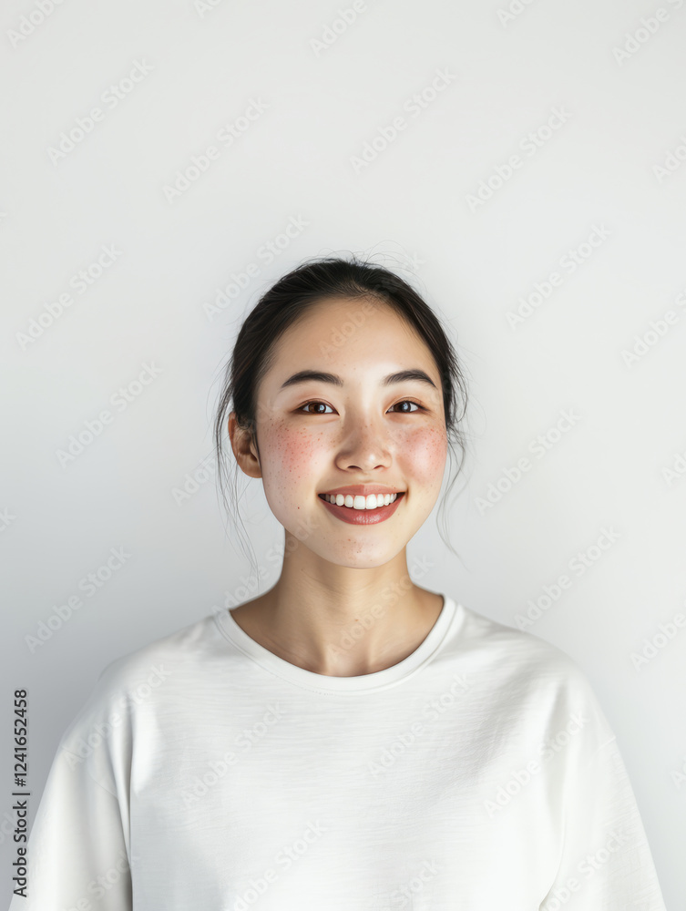 smiling young woman with clear skin and freckles, wearing white shirt, exudes confidence and warmth against plain background smiling young woman with clear skin and freckles, wearing white shirt, exudes confidence and warmth against plain background