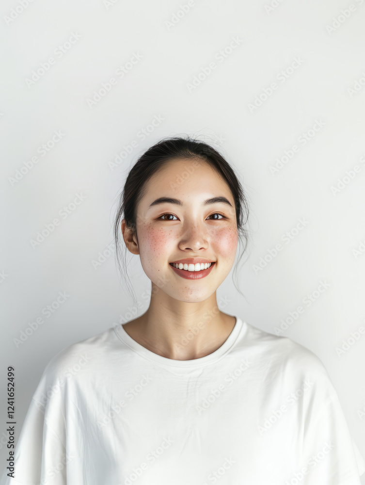 smiling young woman with clear skin and freckles, wearing white shirt against plain background, exuding confidence and warmth smiling young woman with clear skin and freckles, wearing white shirt against plain background, exuding confidence and warmth
