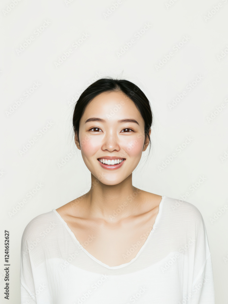 smiling asian woman with long black hair, wearing white top, exudes confidence and warmth. Her bright expression and natural beauty create inviting atmosphere smiling asian woman with long black hair, wearing white top, exudes confidence and warmth. Her bright expression and natural beauty create inviting atmosphere