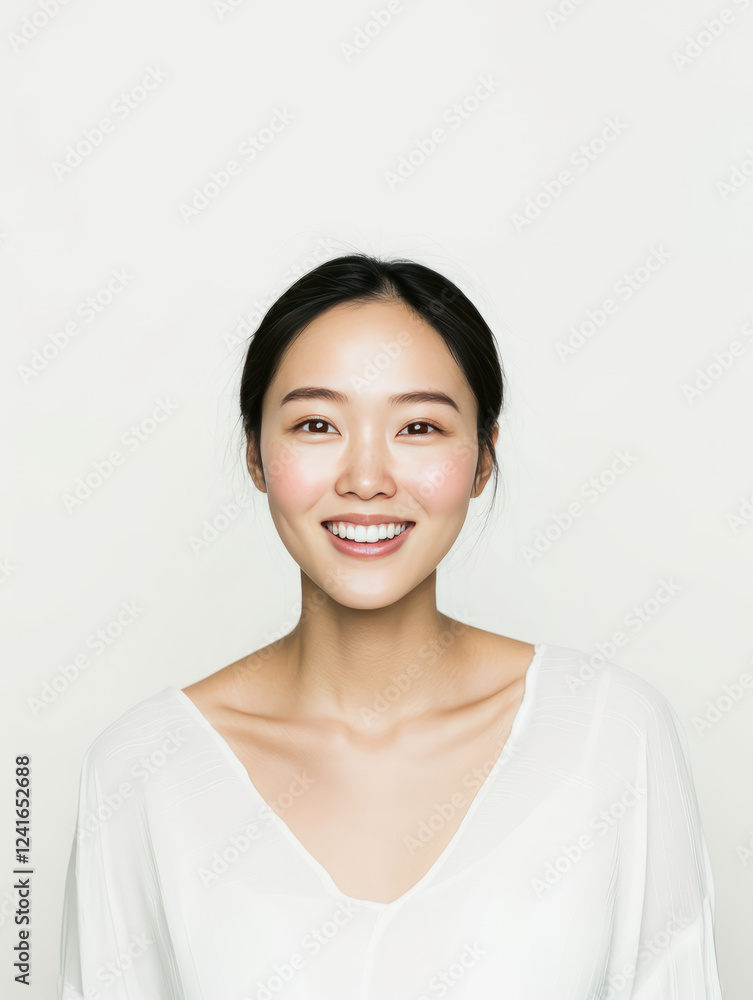 smiling woman with long black hair, wearing white top, exudes confidence and warmth against light background. Her joyful expression radiates positivity and approachability smiling woman with long black hair, wearing white top, exudes confidence and warmth against light background. Her joyful expression radiates positivity and approachability