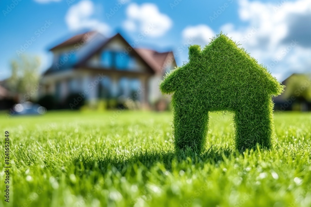 Innovative house-shaped structure made of grass stands in a lush green lawn under a clear blue sky with fluffy clouds Innovative house-shaped structure made of grass stands in a lush green lawn under a clear blue sky with fluffy clouds