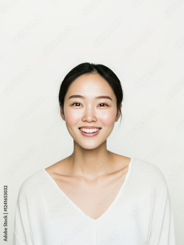 smiling woman with long black hair, wearing white top, exudes confidence and warmth against light background. Her joyful expression radiates positivity and approachability smiling woman with long black hair, wearing white top, exudes confidence and warmth against light background. Her joyful expression radiates positivity and approachability