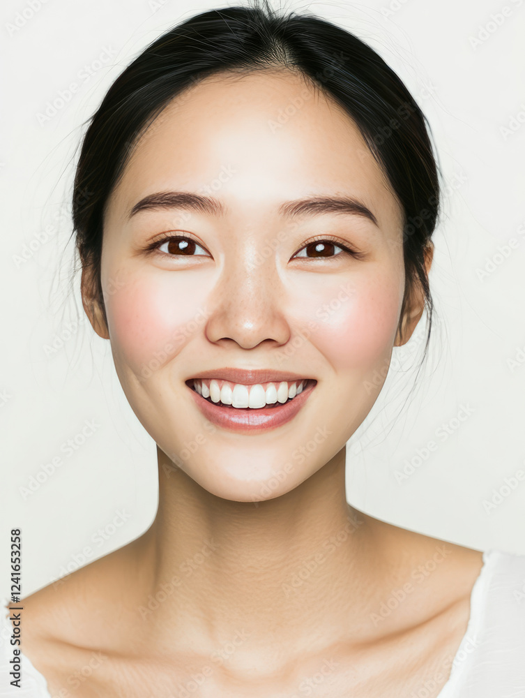 hyper realistic portrait of smiling Asian woman with confident expression, showcasing clear skin and natural beauty. image conveys warmth and positivity hyper realistic portrait of smiling Asian woman with confident expression, showcasing clear skin and natural beauty. image conveys warmth and positivity