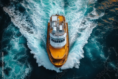 Offshore supply vessel navigating turbulent waters, generating dramatic v shaped wake under aerial drone perspective