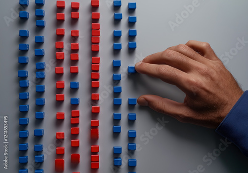 Hand arranging red and blue cubes in pattern representing social division or political polarization
