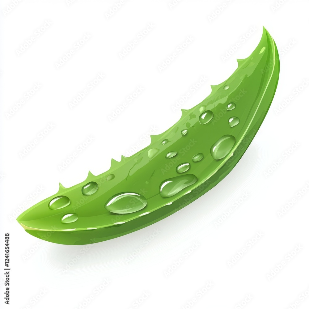 Fresh aloe vera leaf, water droplets, white background, cosmetic ingredient Fresh aloe vera leaf, water droplets, white background, cosmetic ingredient