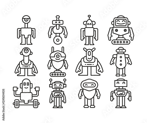 robot character icons set line illustration