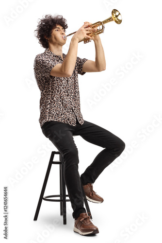 Canvas Print Full length shot of a guy sitting on a chair and playing a trumpet
