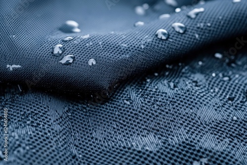 The dark synthetic fabric displays small water droplets that highlight its waterproof nature in a detailed macro view photo