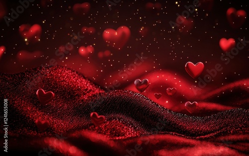 Romantic mockup background with space for text featuring a deep red velvet surface embossed with elegant hearts and glowing soft light for Saint Valentines Day and 8 March International Womens Day