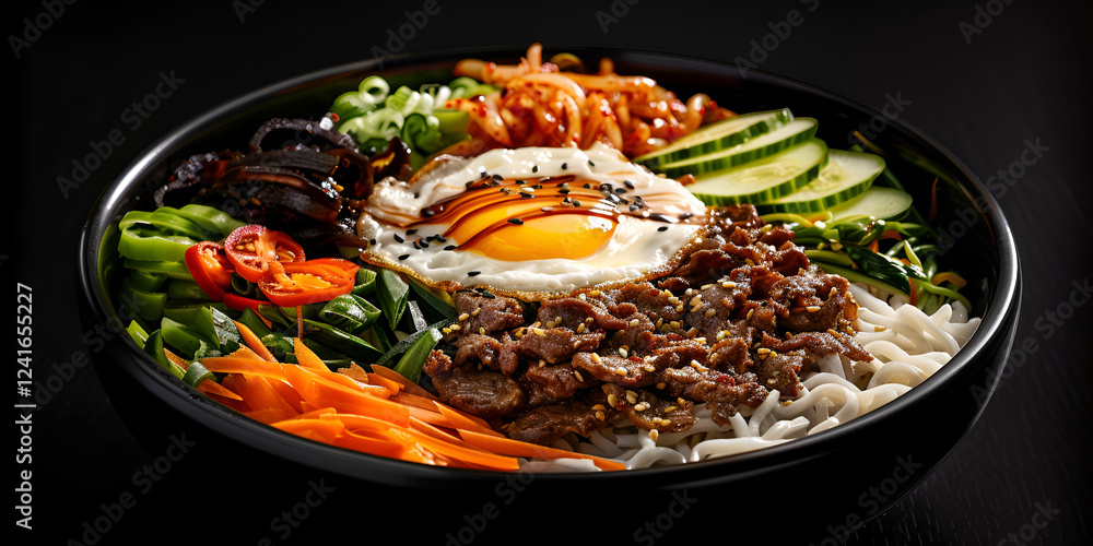A colorful bowl of halal bibimbap with mixed vegetables beef a fried egg, fried rice with vegetables. A colorful bowl of halal bibimbap with mixed vegetables beef a fried egg, fried rice with vegetables.