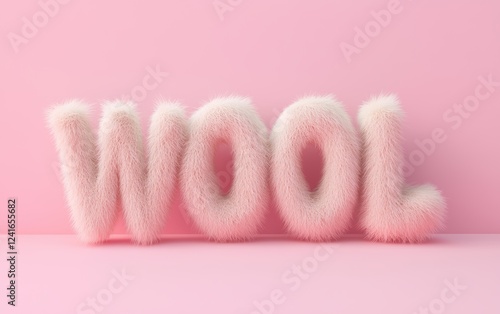 of the word WOOL crafted from soft fluffy wool fibers, on a pastel background