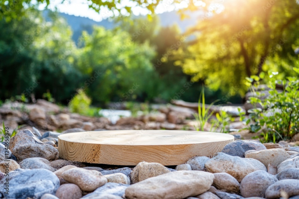 Round wooden platform sits among smooth stones and lush greenery, bathed in gentle sunlight, creating a tranquil atmosphere Round wooden platform sits among smooth stones and lush greenery, bathed in gentle sunlight, creating a tranquil atmosphere