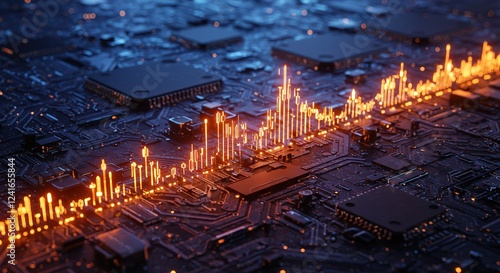 Closeup of a circuit board with glowing orange data streams, illustrating technological advancement and digital progress. Intricate design modern tech concept.
