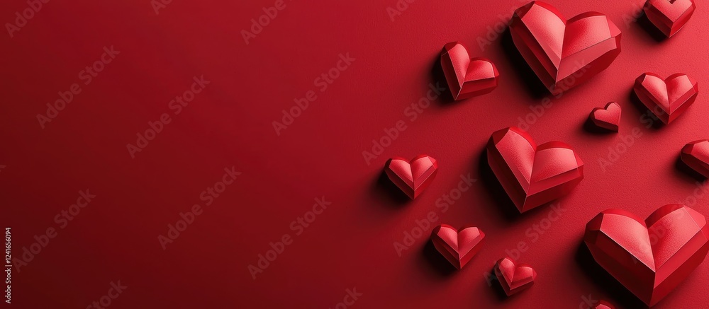 Ultra-modern mockup background with space for text, featuring monochrome red elements, geometric heart shapes, and subtle shadows for a refined aesthetic for Saint Valentines Day