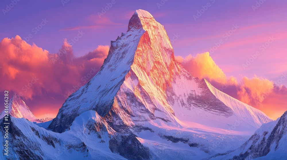 Obraz premium Majestic Snow-Capped Mountain Peak at Sunrise with Vibrant Sky