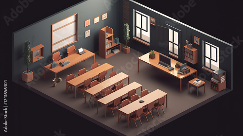 A computer generated image of a classroom with a teacher's desk and a projector