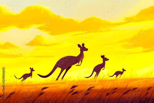 A family of kangaroos bounding across the plains.  photo