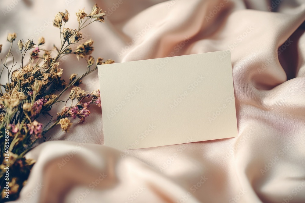 Obraz premium A blank card sitting next to a bouquet of flowers, perfect for personal or business use