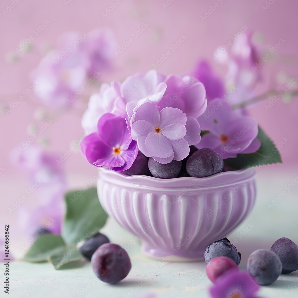 A charming display of purple flowers and blueberries artfully arranged in a decorative bowl. A charming display of purple flowers and blueberries artfully arranged in a decorative bowl.