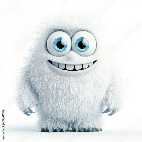 fluffy yeti monster with a snowy fur texture, big gentle eyes, and a warm smile, isolated on white