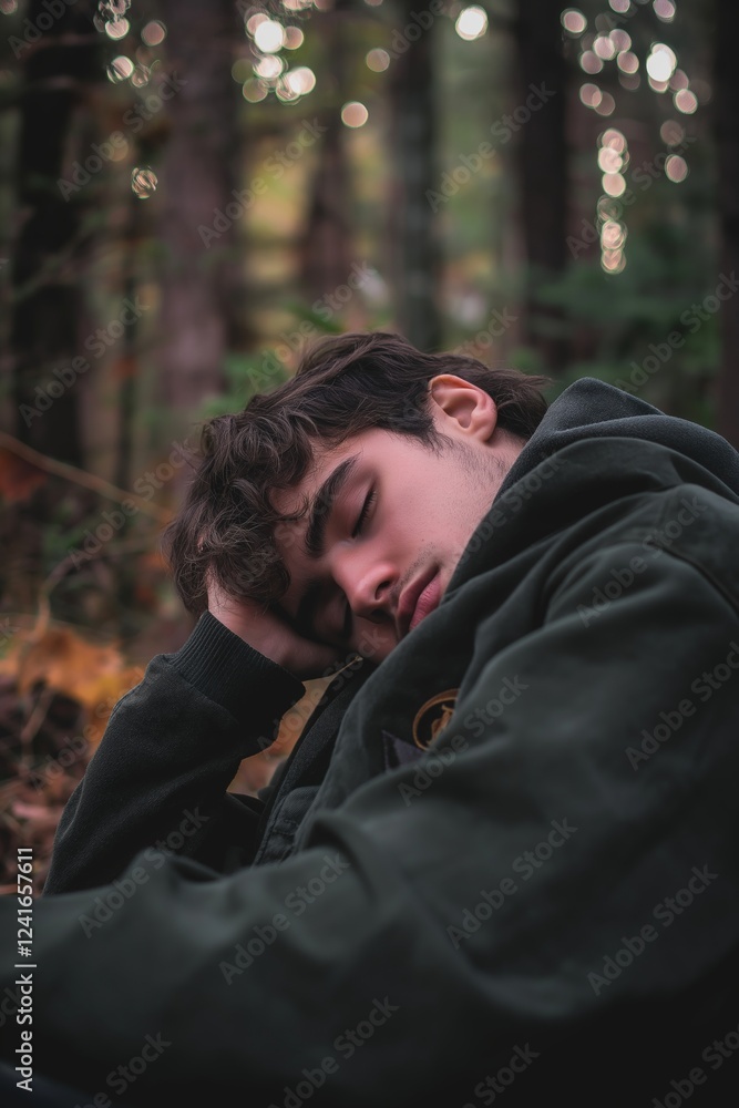 A young man sleeping peacefully amidst serene forest surroundings. A young man sleeping peacefully amidst serene forest surroundings.