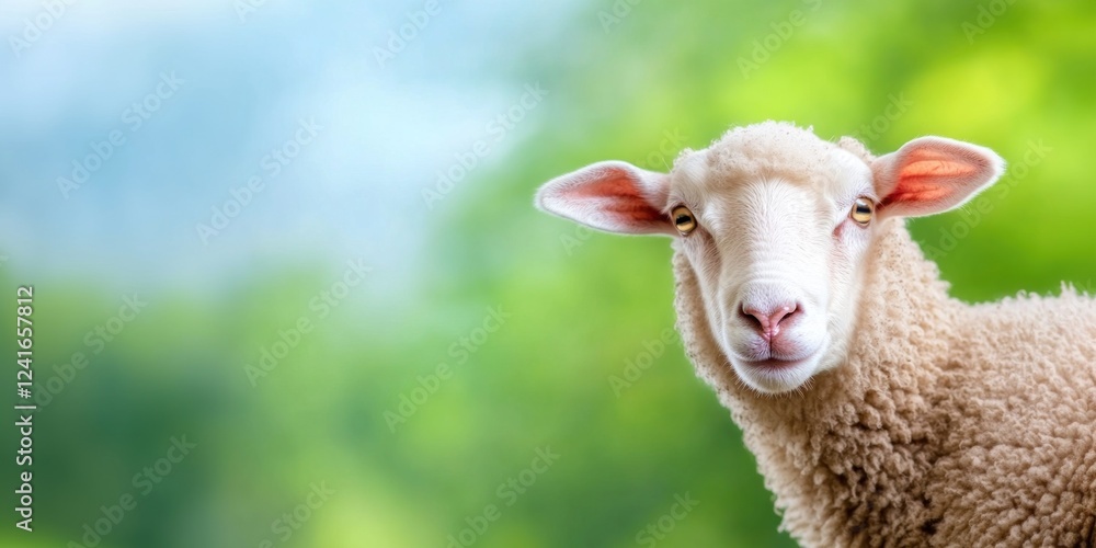 Fototapeta premium A golden-brown sheep stands gracefully against a vibrant green and yellow backdrop
