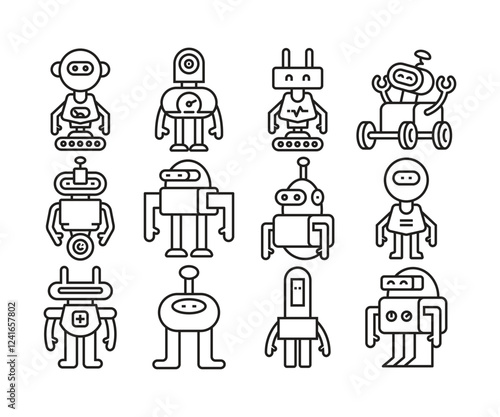 robot character icons set line vector illustration