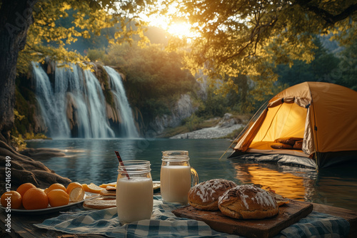 Sunny summer camping by sparkling waterfalls with delicious breakfast treats photo