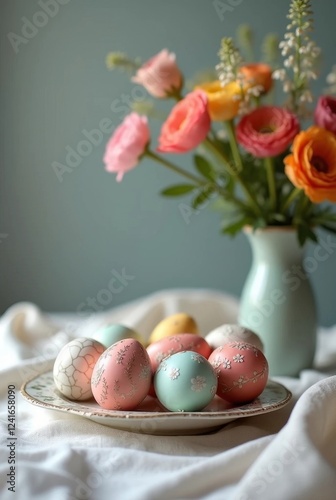 Easter eggs in pastel colors lie on a beautiful plate on the table, a linen tablecloth and flowers in a vase