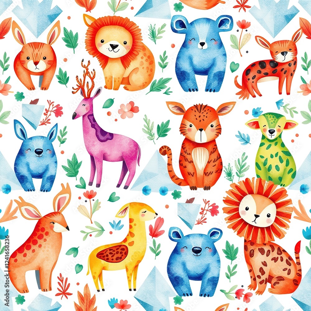 Naklejka premium Enchanted Watercolor Beasts Adorned in Geometric Tapestries
