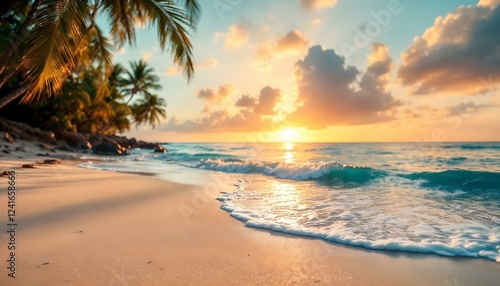 A tropical beach at sunset with golden ocean waves, palm silhouettes, and serene atmosphere.