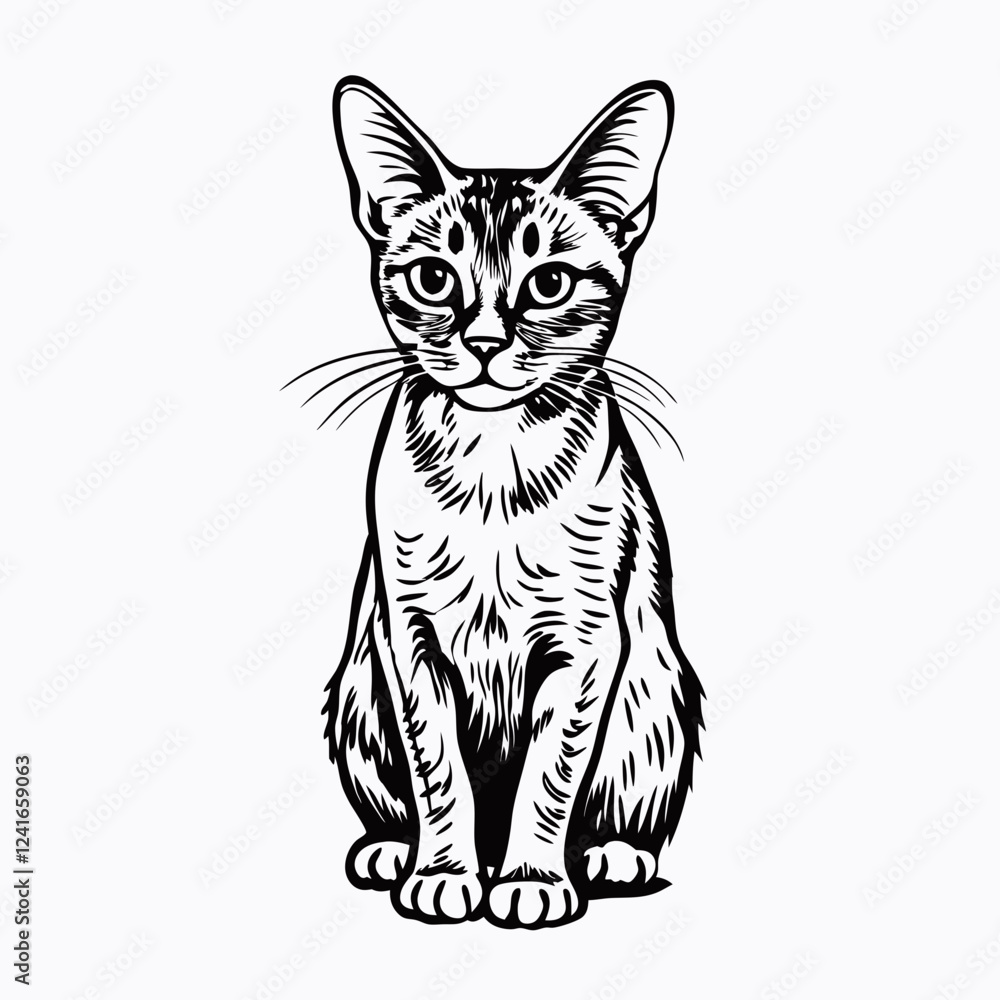 Obraz premium Tabby cat looking straight ahead, detailed sketch style with stripes and realistic fur texture. Concept: domestic animal, pet portrait, veterinary illustration.