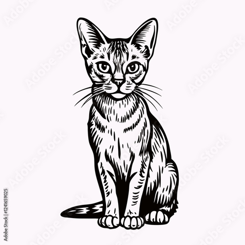 Black line drawing of Abyssinian cat sitting upright with attentive expression, isolated on light background. Concepts: cat breed, outline illustration, pet portrait, feline anatomy, domestic animal, 