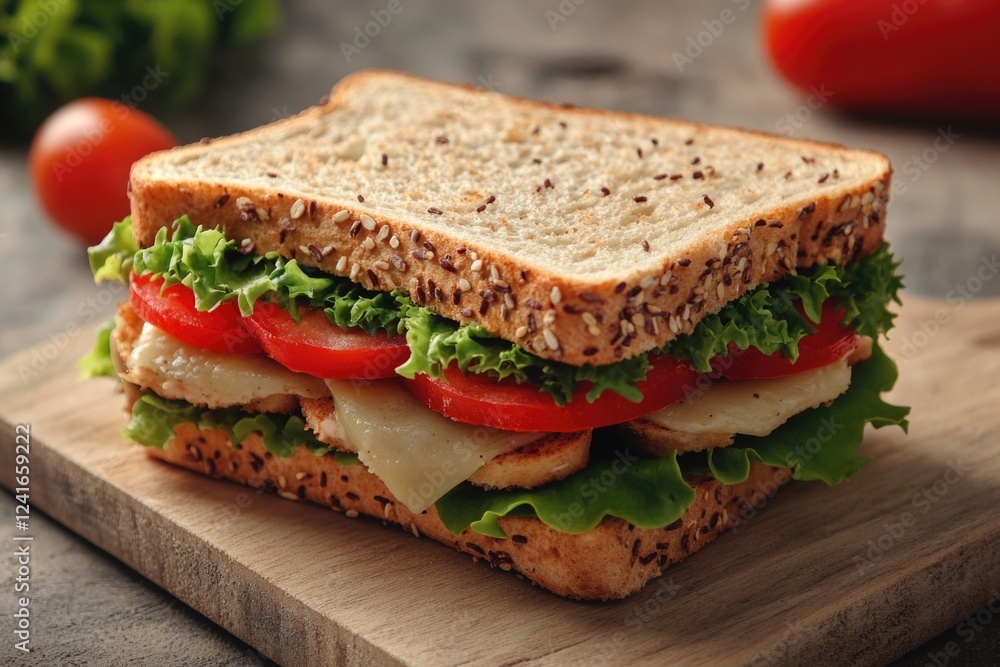 A close-up shot of a sandwich on a cutting board, perfect for use in food-related content