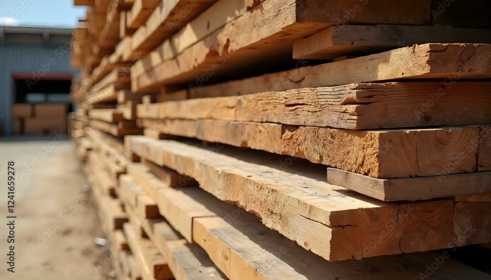 A sustainable timber yard with neatly stacked lumber, sunlight filtering through, and eco-friendly focus. A sustainable timber yard with neatly stacked lumber, sunlight filtering through, and eco-friendly focus.