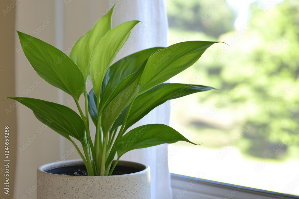 A potted plant with green leaves sits on a windowsill A potted plant with green leaves sits on a windowsill