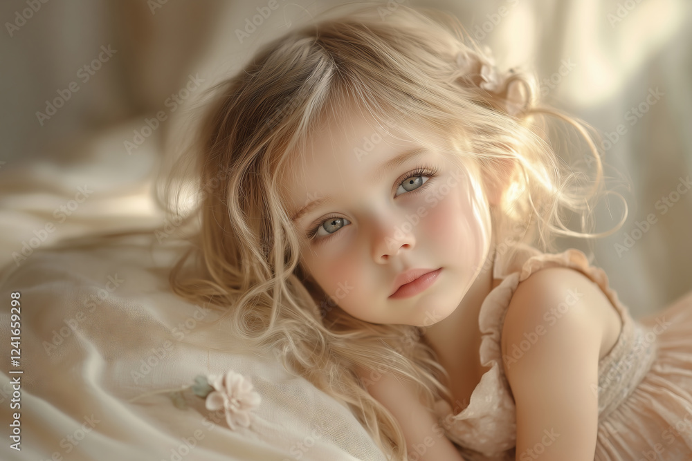 Morning light illuminates a child's serene expression in a cozy setting Morning light illuminates a child's serene expression in a cozy setting